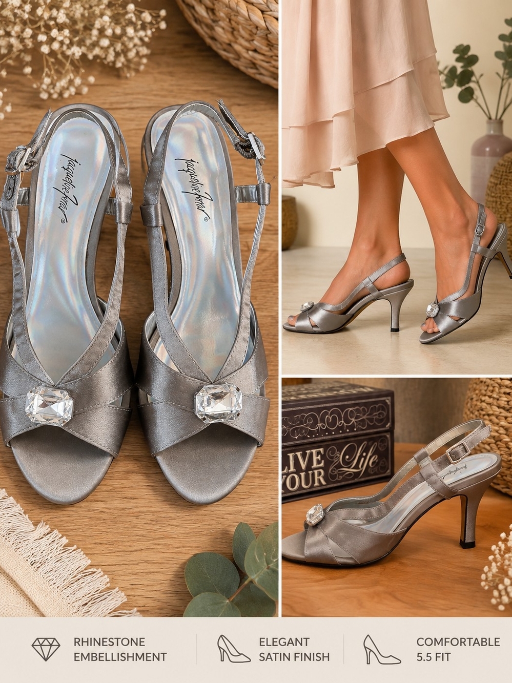 Jacqueline Ferrar Silver Satin Rhinestone Slingback Heels